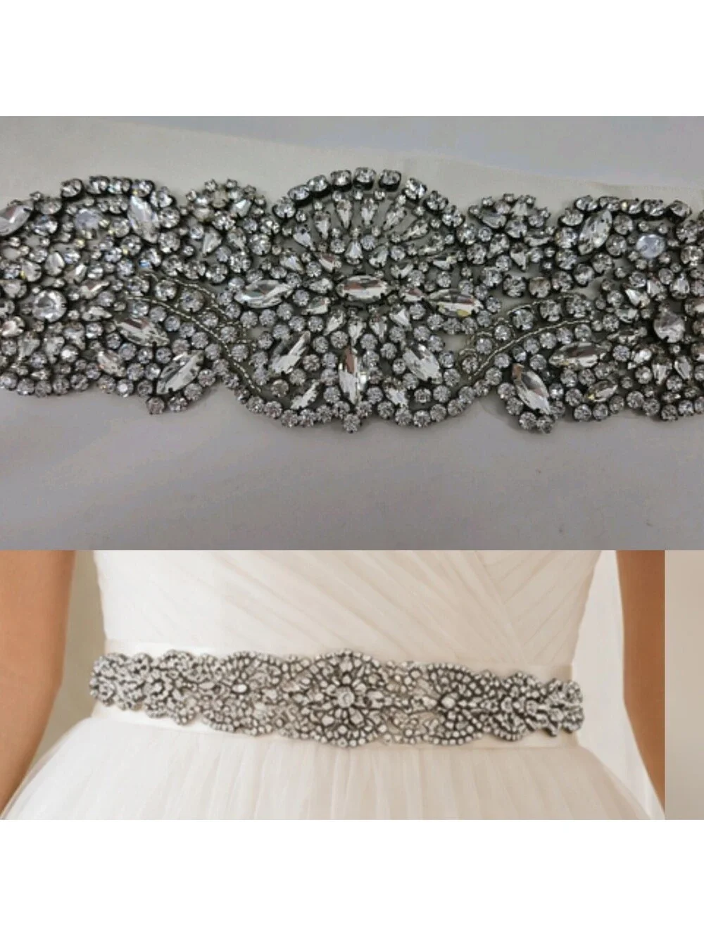 Woman’s Bridal Belt Silver Rhinestones Cream Satin Ribbon 102” L Vintage Wedding